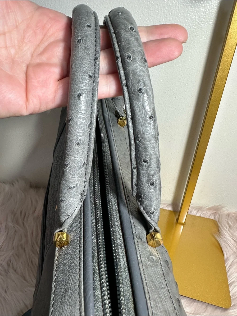 Gray Ostrich-Leather Satchel Bag
